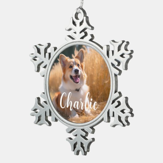 名前カスタム付きペット写真 スノーフレークピューターオーナメント (右)