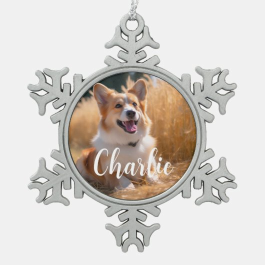 名前カスタム付きペット写真 スノーフレークピューターオーナメント (正面)