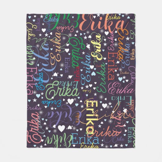 名前カラフルかわいいハートと星を藍に フリースブランケット (正面)