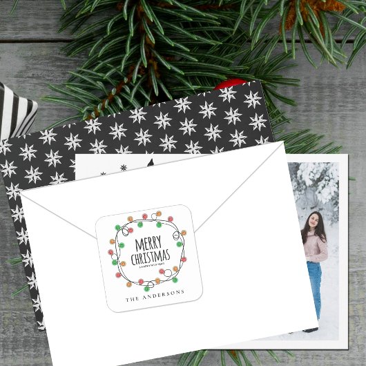 名前カラフルクリスマスのライトメリークリスマス スクエアシール