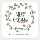 名前カラフルクリスマスのライトメリークリスマス スクエアシール (正面)