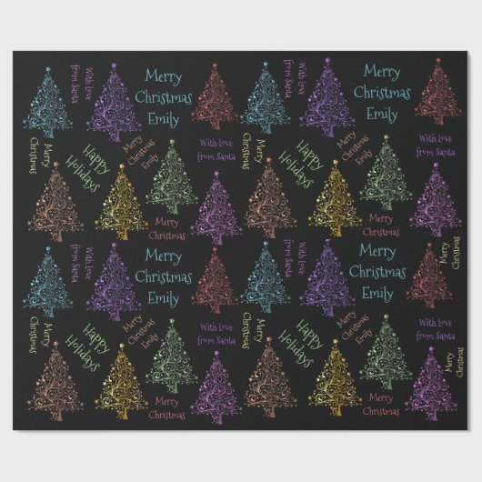 名前カラフル付きクリスマスツリーパターン ラッピングペーパー (フラット)