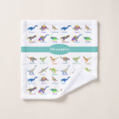 名前カラフル付き恐竜パターンティール(緑がかった色) バスタオルセット (ウォッシュタオル)