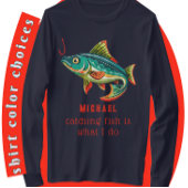 名前カラフル付き魚釣りデザイン Tシャツ
