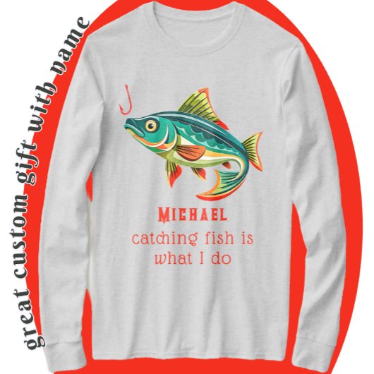 名前カラフル付き魚釣りデザイン Tシャツ