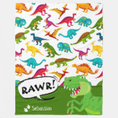 名前カラフルT-レックスグリーンの恐竜パターン フリースブランケット (正面)