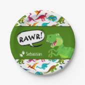 名前カラフルT-レックスグリーンの恐竜パターン ペーパープレート (正面)