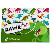 名前カラフルT-レックスグリーンの恐竜パターン ラージペーパーバッグ (正面)