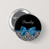 名前ガーリーレオパードかわいらしプリントコバルトブルーリボン 缶バッジ (正面&裏面)