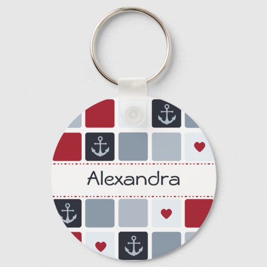 名前ガーリー付きネイビーと赤のいかりハートパターン キーホルダー (正面)