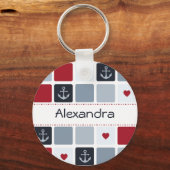 名前ガーリー付きネイビーと赤のいかりハートパターン キーホルダー (正面)