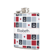 名前ガーリー付きネイビーと赤のいかりハートパターン フラスク (左)