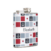 名前ガーリー付きネイビーと赤のいかりハートパターン フラスク (右)