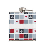 名前ガーリー付きネイビーと赤のいかりハートパターン フラスク (裏面)