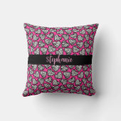 名前ガーリー付きピンク色の黒と白のゼブラハート クッション (裏面)