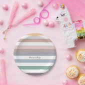 名前ガーリー付きベージュ青ストライプワイド水平オプション ペーパープレート (パーティー)