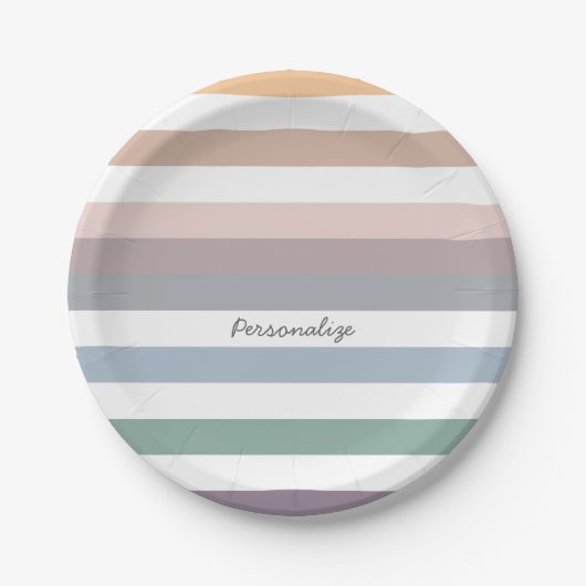 名前ガーリー付きベージュ青ストライプワイド水平オプション ペーパープレート (正面)