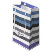 名前ガーリー付き青い灰色の横向きストライプ横向き文字 スモールペーパーバッグ (正面アングル)