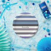 名前ガーリー付き青い灰色の横向きストライプ横向き文字 ペーパープレート (パーティー)