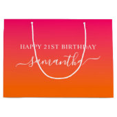 名前ガーリー21th誕生日ブライトピンクオレンジグラデーション ラージペーパーバッグ (正面)