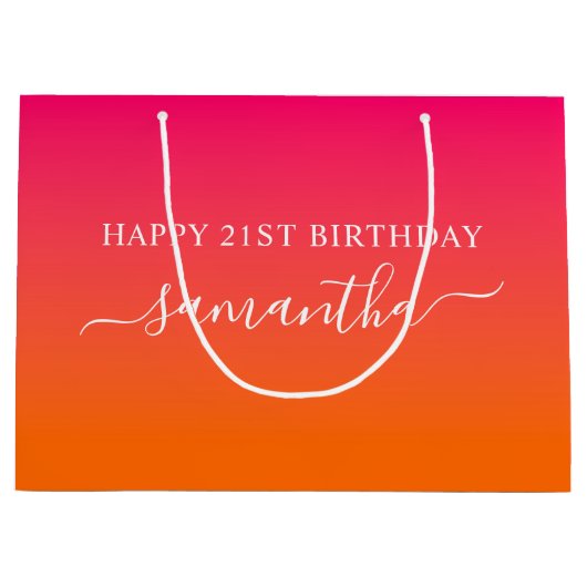 名前ガーリー21th誕生日ブライトピンクオレンジグラデーション ラージペーパーバッグ (正面)