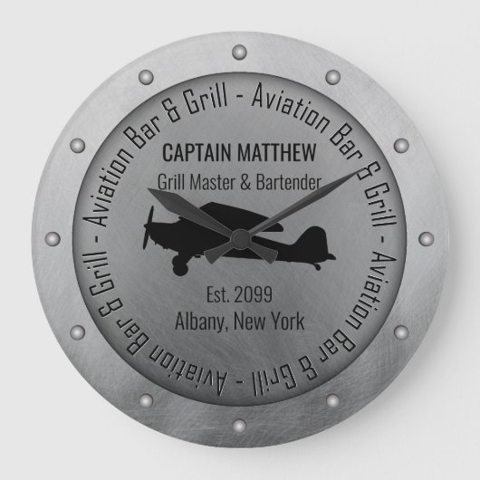 名前グリルマスターバーテンダーアビエーションバー&グリル ラージ壁時計 (正面)