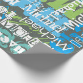 名前グレイパーソナライズされたブルーグリーンサブウェイアート ラッピングペーパー (角)