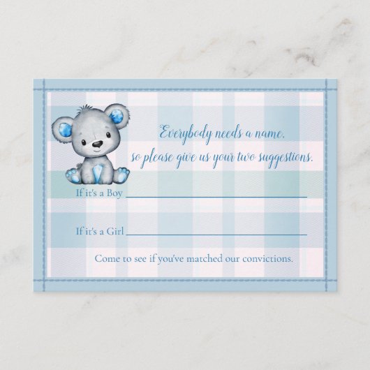 名前ゲームかわいいクマ男の子ベイビーシャワーゲーム エンクロージャーカード (正面)