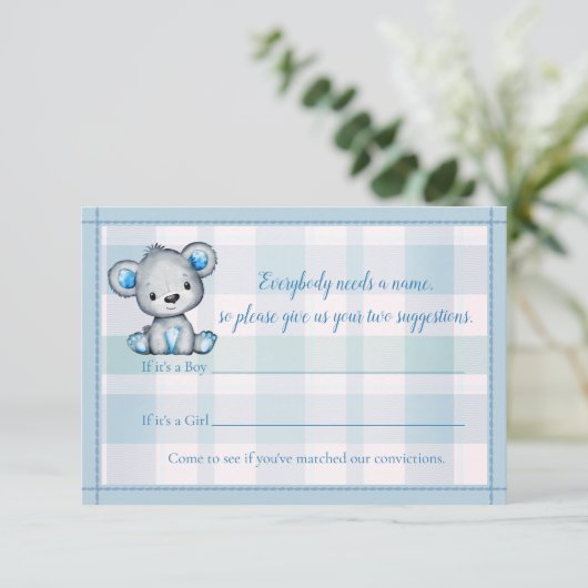 名前ゲームかわいいクマ男の子ベイビーシャワーゲーム エンクロージャーカード (スタンド正面)