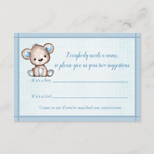 名前ゲームかわいい茶色のクマ男の子赤ちゃんシャワーゲーム エンクロージャーカード (正面)