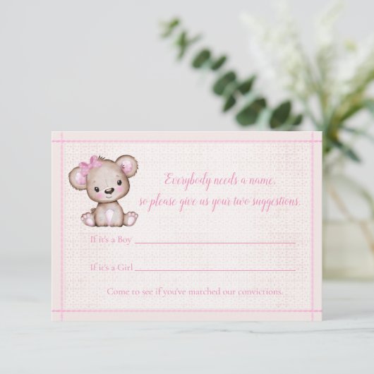 名前ゲーム かわいい茶色のクマの女の子の赤ちゃんシャワーゲーム エンクロージャーカード (スタンド正面)