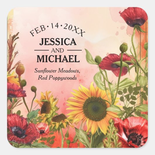 🌻名前サニー花びら&緋色開花 スクエアシール (正面)