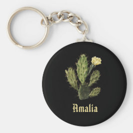 名前サボテン花ヴィンテージスケッチブラックキーチェーン キーホルダー