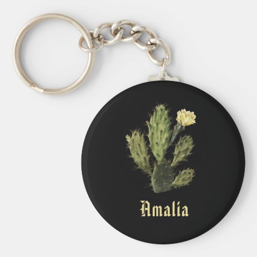 名前サボテン花ヴィンテージスケッチブラックキーチェーン キーホルダー (正面)