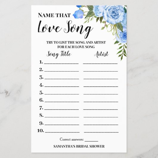 名前ザラブソングブライダルシャワーブルーゲームカード チラシ (正面)