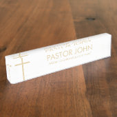 名前シンプルと引用文の白と金ゴールドの十字 デスクネームプレート (側面)