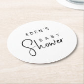 名前シンプル付きモダンニュートラル赤ちゃんシャワー ラウンドペーパーコースター (アングル)