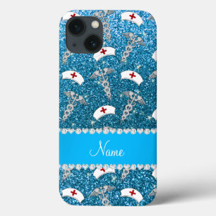 名前スカイブルーグリッターナース帽子シルバーカドゥセウス iPhone 13ケース