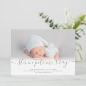 名前スクリプトハートフォトセージ緑の少年のベビー誕生 案内状 (スタンド正面)