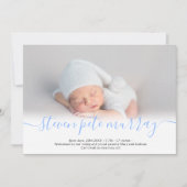 名前スクリプトハートフォトブルーボーイベビー誕生 案内状 (正面)