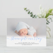 名前スクリプトハートフォトブルーボーイベビー誕生 案内状 (スタンド正面)