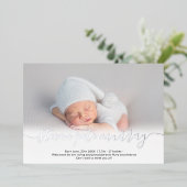 名前スクリプト写真ベビー誕生発表シルバー 箔招待状 (立ち正面)