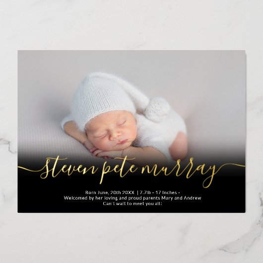 名前スクリプト金ゴールド写真ベビーの誕生発表 箔招待状 (正面)