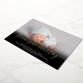 名前スクリプト金ゴールド写真ベビーの誕生発表 箔招待状 (回転した状態)