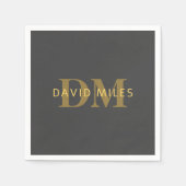 名前スタイリッシュとモノグラム | 金ゴールドとダークグレー スタンダードカクテルナプキン (正面)