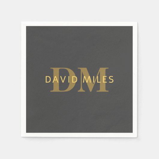 名前スタイリッシュとモノグラム | 金ゴールドとダークグレー スタンダードカクテルナプキン (正面)