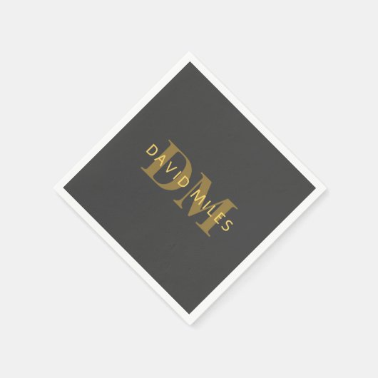 名前スタイリッシュとモノグラム | 金ゴールドとダークグレー スタンダードカクテルナプキン (角)