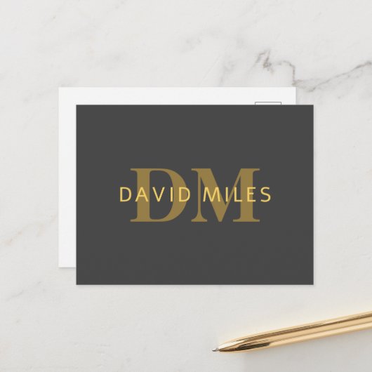 名前スタイリッシュとモノグラム | 金ゴールドとダークグレー ポストカード (正面/裏面インサイチュ)