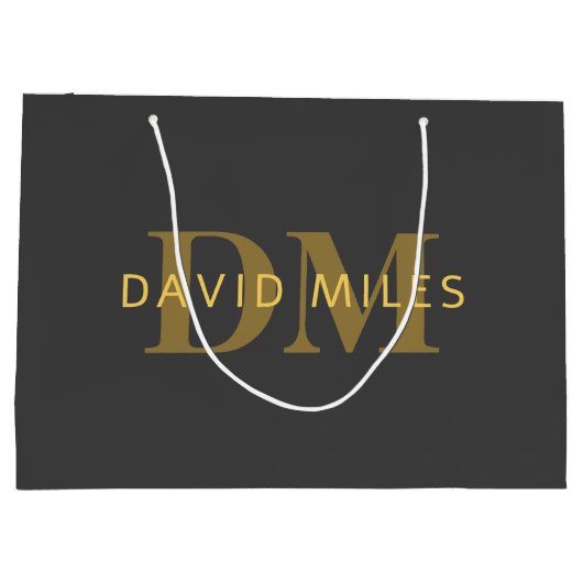 名前スタイリッシュとモノグラム | 金ゴールドとダークグレー ラージペーパーバッグ (裏面)