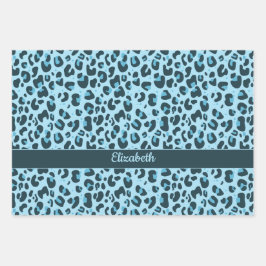 名前スタイリッシュ付きピンクブルーパープルヒョウ ラッピングペーパーシート